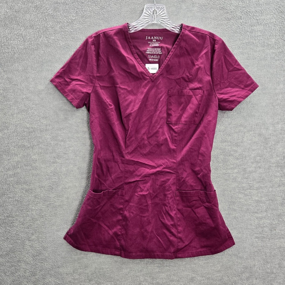 Jaanuu Women Scrub Top XS Pink V Neck Short Sleeve Pockets a